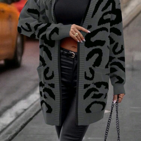 SHEIN Sweaters - SHEIN Black & Gray Animal Print Open Front Cardigan